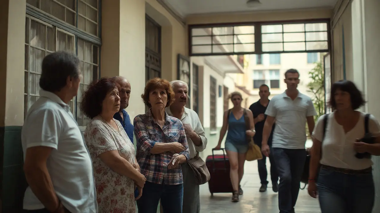 Vecinos preocupados en un edificio mientras pasan turistas con equipaje, reflejando tensión comunitaria.
