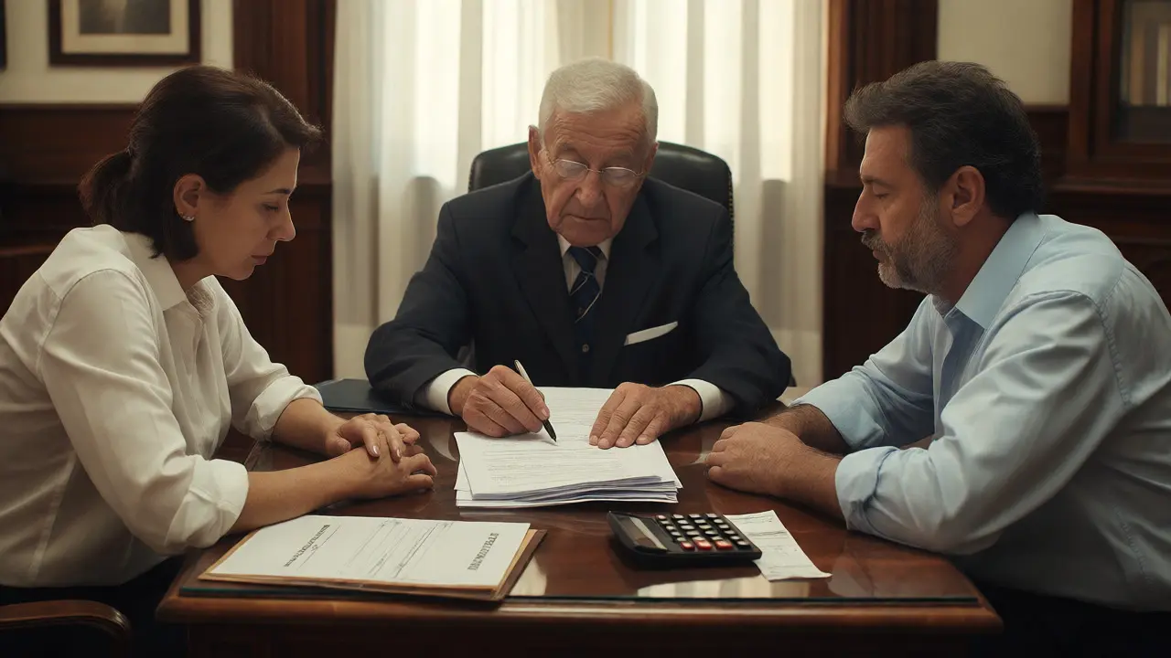 Vendedor y comprador revisando documentos con el escribano