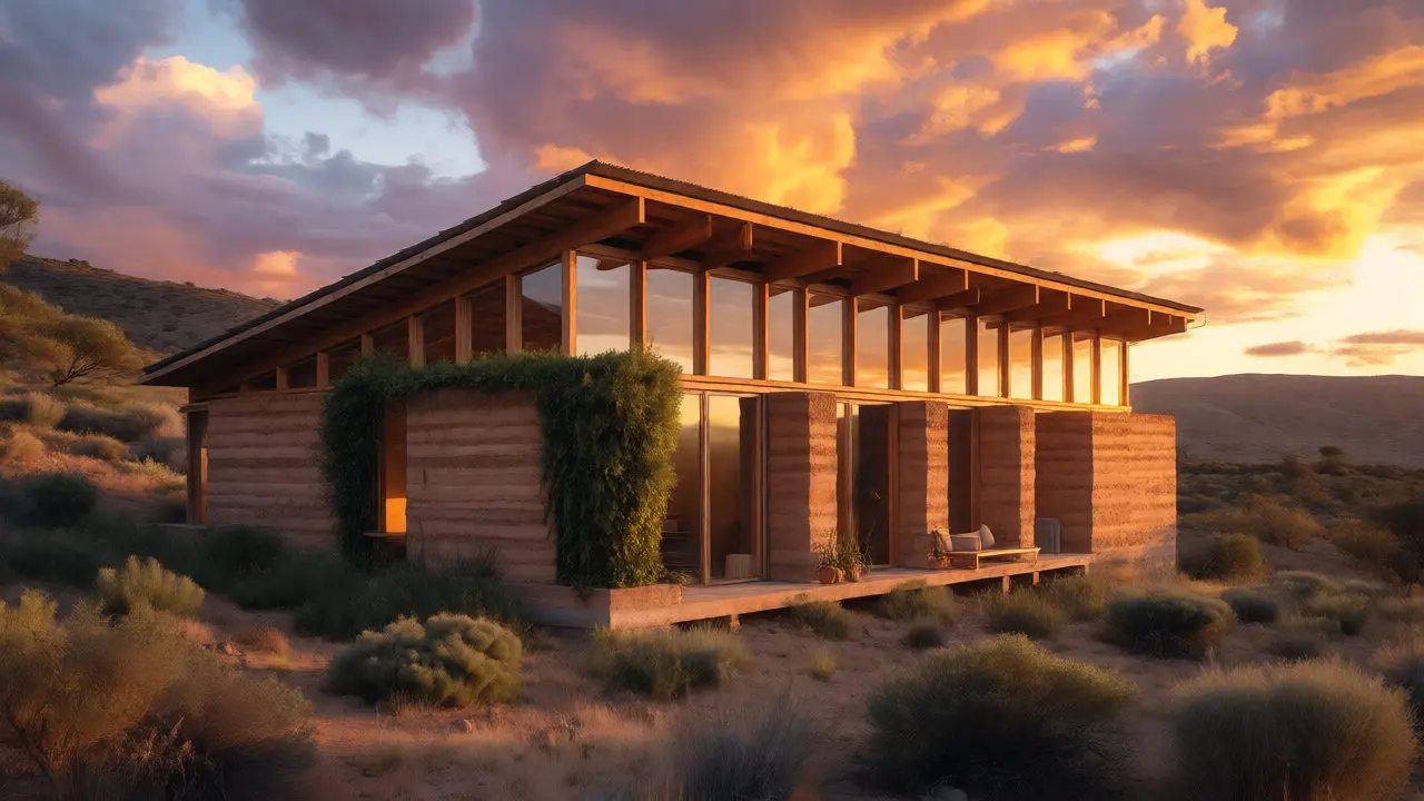 Vivienda ecológica de tierra cruda al atardecer en el paisaje andino
